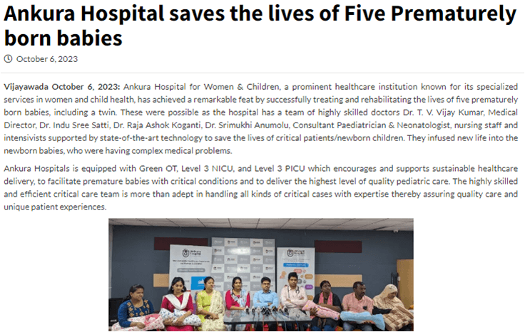 Ankura Hospital Saves the lives of Five Prematurely born babies