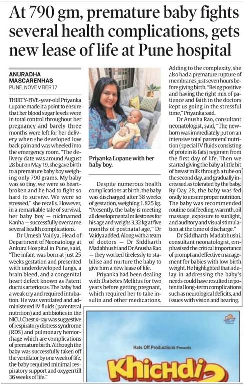 Pune:Premature baby weighing 790gm