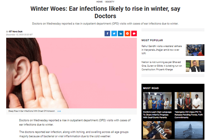 Ear infection likely to rise in winter